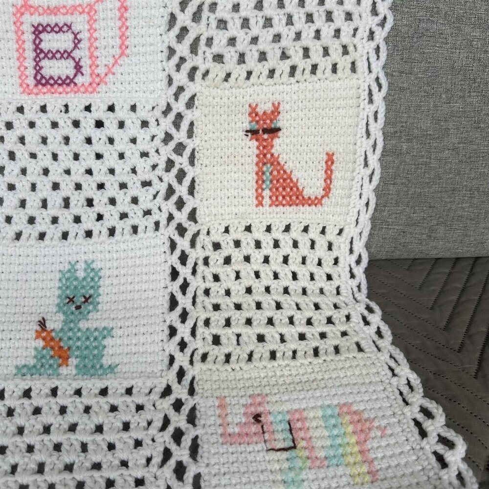 Handmade Crochet Baby Afghan Patchwork Granny Square Cross Stitch Detail - Picture 3 of 7